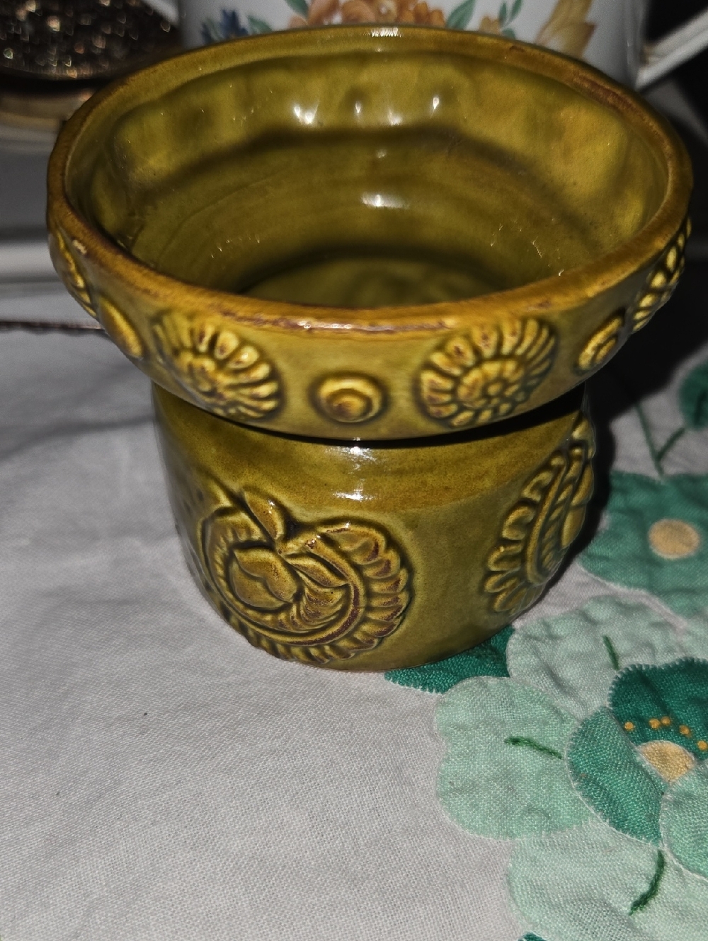 Vintage Olive Green Ceramic Decorative Planter With Floral Relief